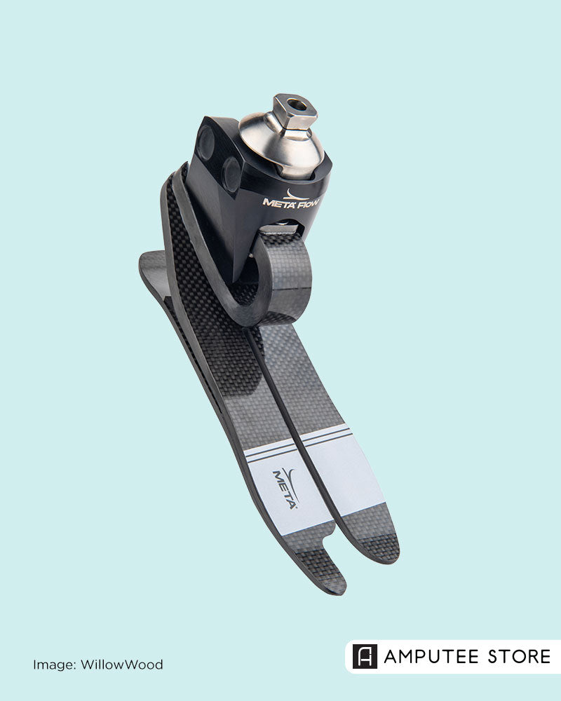 WillowWood META Flow prosthetic foot with dual carbon fiber blades and active dorsiflexion design, engineered for real-world stability and performance.