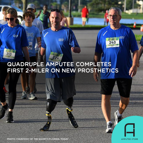 New quadruple amputee Gary Miracle completes his first race on new prosthetics.