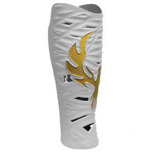 Custom leg cover side view in white and gold colors.