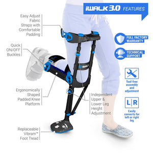 The iWalk 3.0 allows you to continue walking, working with ease and hands free.  Features include adjustable straps and new knee platform.