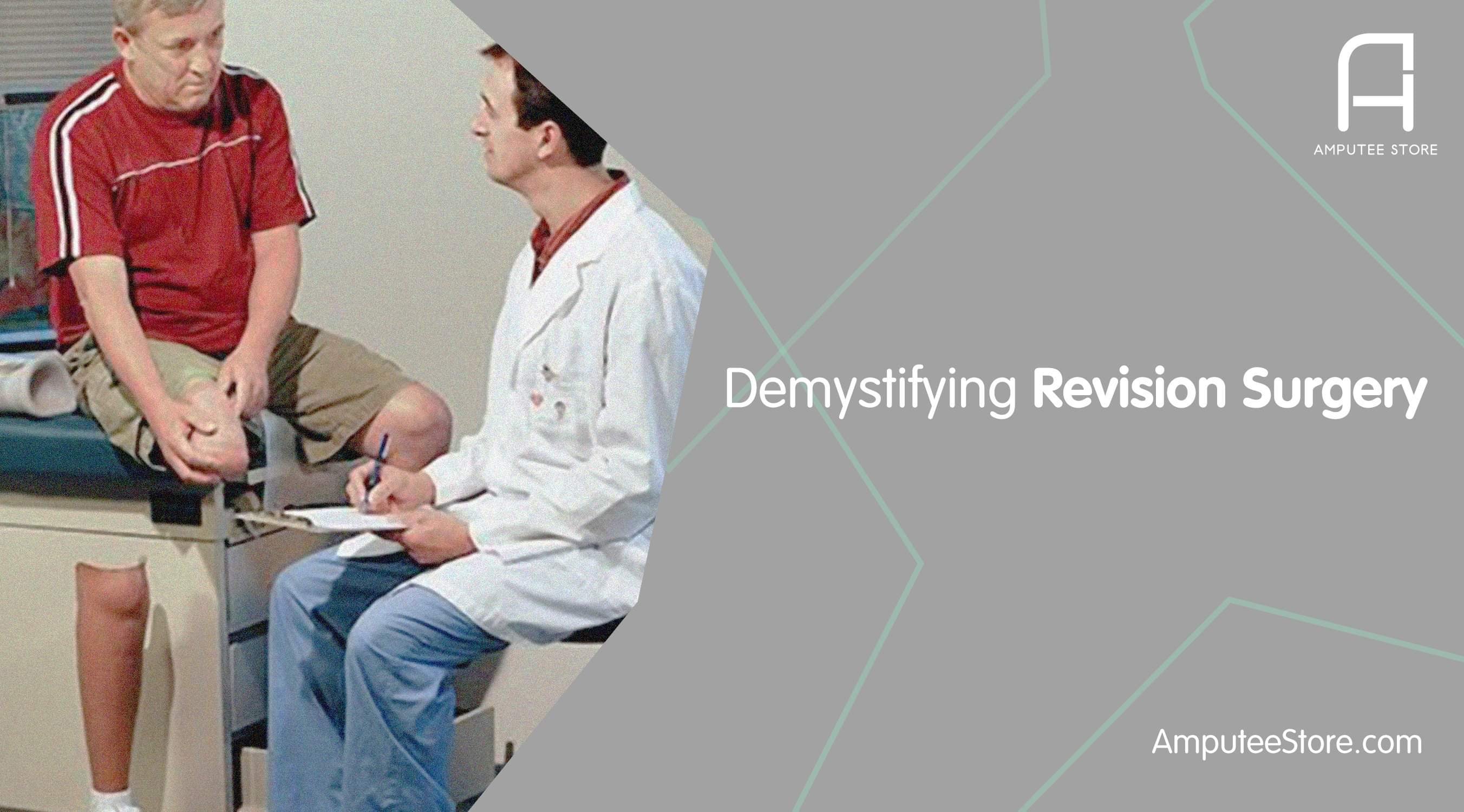 A below knee amputee in a physician's office considering revision surgery.