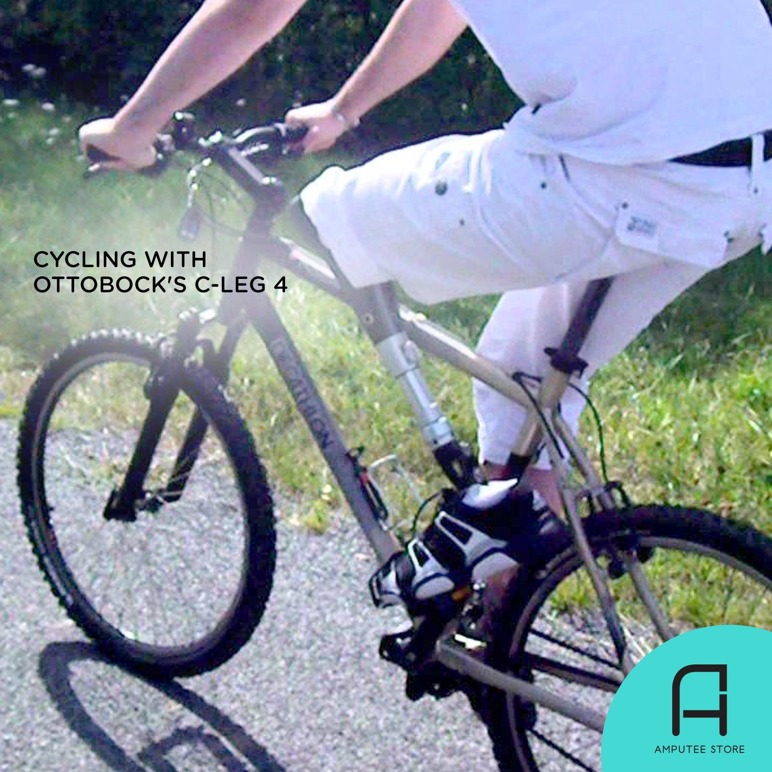 Amputee riding a mountain bike while using Ottobock's C-Leg 4.