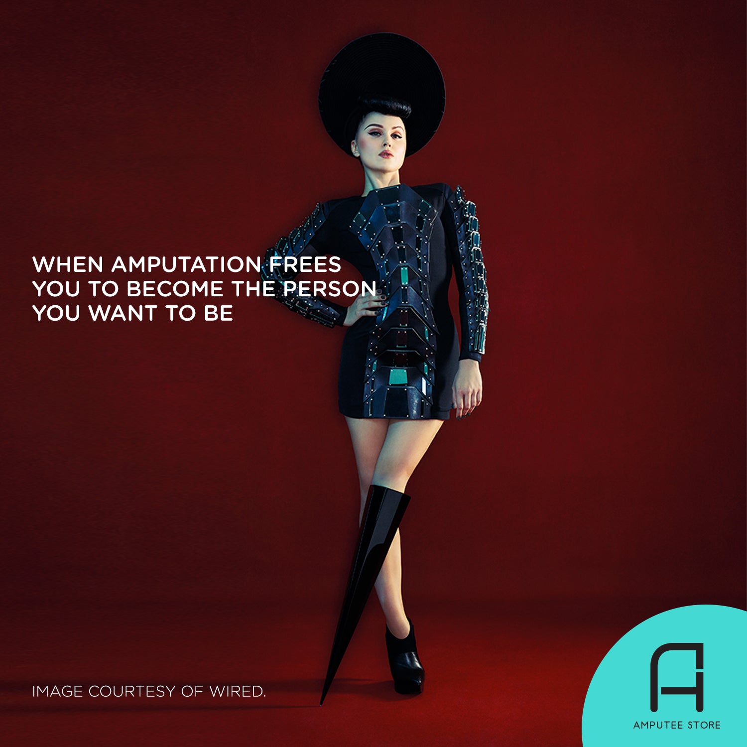 Performance artist, pop star, DJ, and model Viktoria Modesta posing while using a fashion forward spike shaped prosthesis.