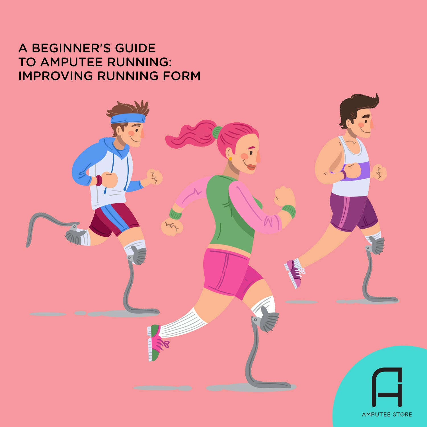 Illustrated amputee runners working on their prosthetic running form with gait training exercises.