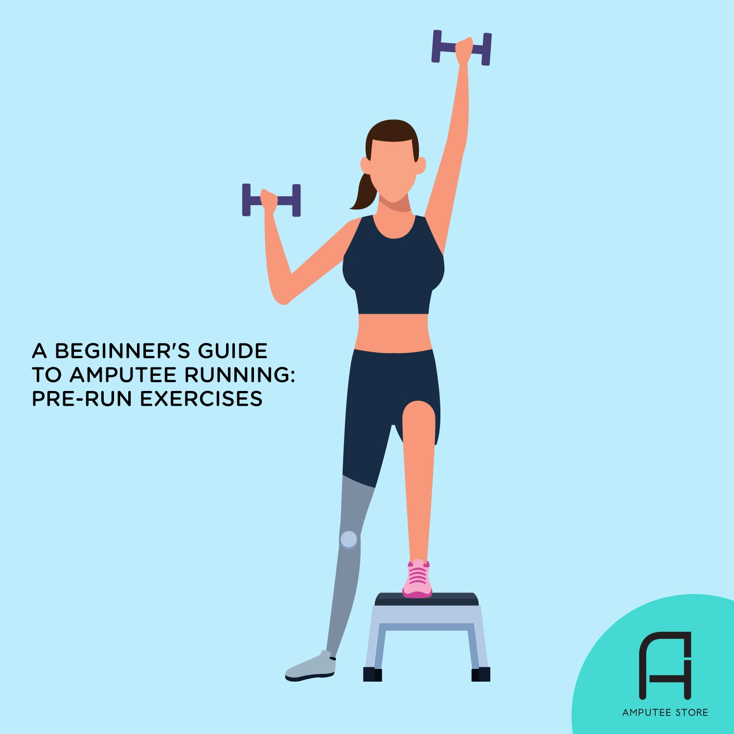 An illustrated above-knee amputee shows the different exercises amputee runners should do to prepare their bodies for the demands of running. 
