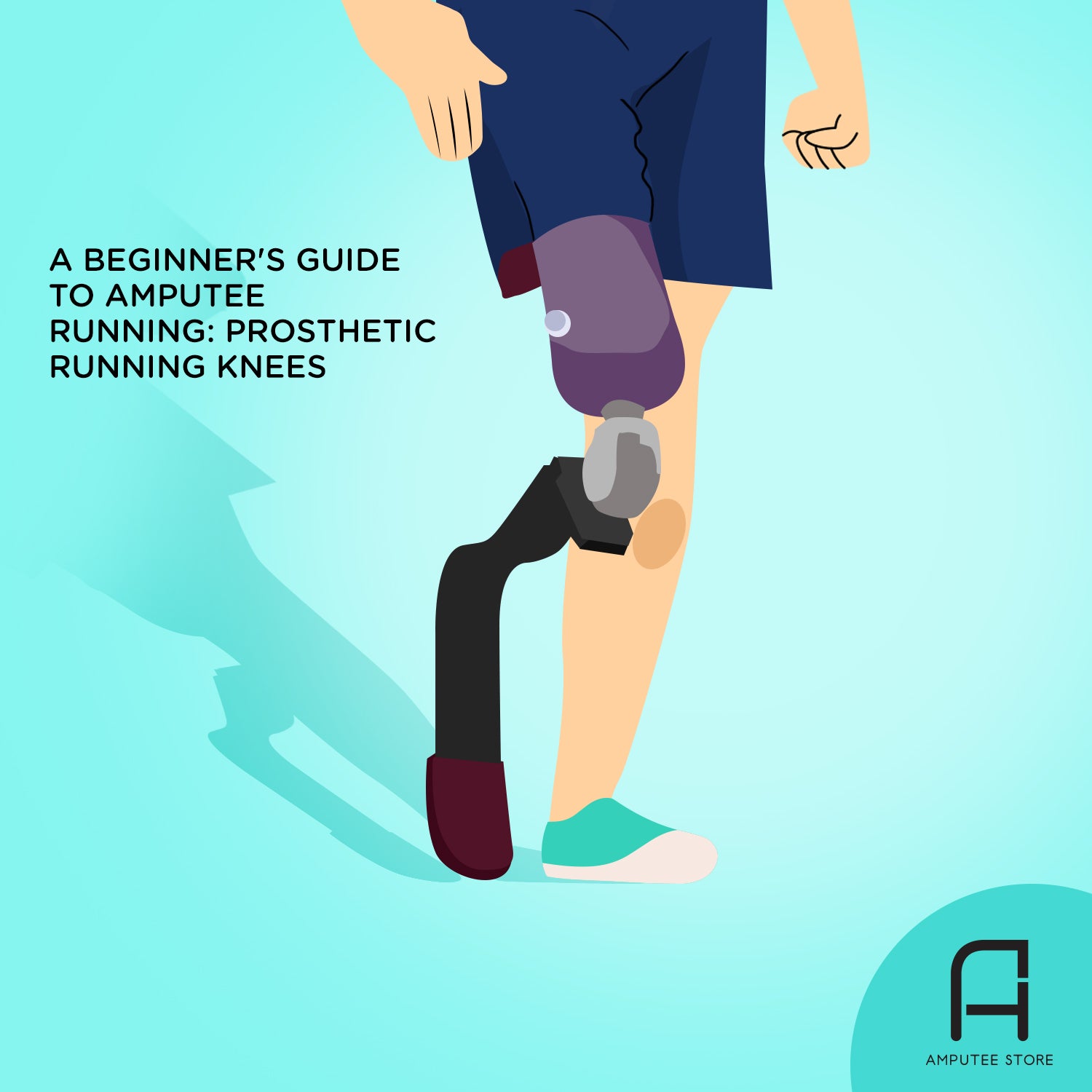An illustrated AK amputee runner shows off his running prosthetic knee. 