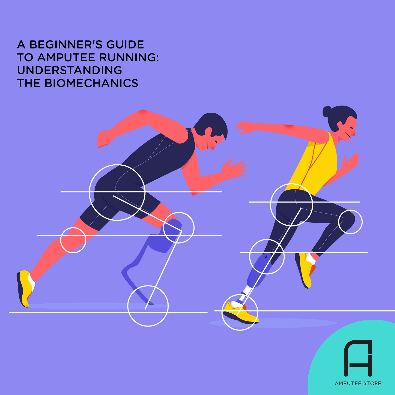 Illustrated amputee runners show the biomechanics and correct running form of amputee running.