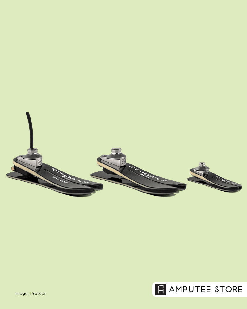 ETHOS LP low-profile prosthetic foot by Proteor, featuring a slim carbon-fiber design that supports natural movement and improved comfort for lower-limb amputees.