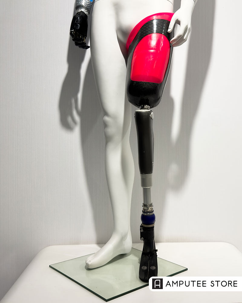 Lower-limb prosthetic leg displayed on a mannequin, illustrating advances in AI-powered prosthetic technology and smart bionic limbs.