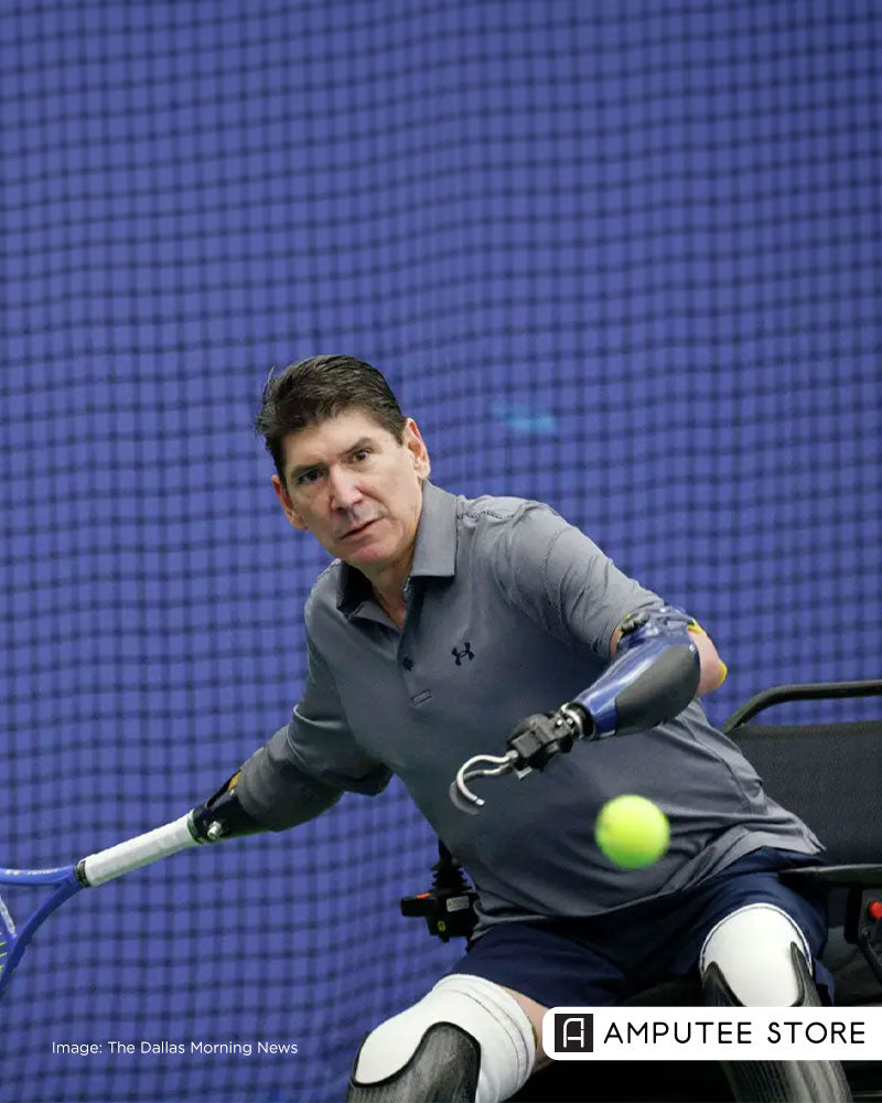 Quadruple amputee tennis player Ron Rosas returns to wheelchair tennis after sepsis, using a specialized prosthetic arm and prosthetic legs.