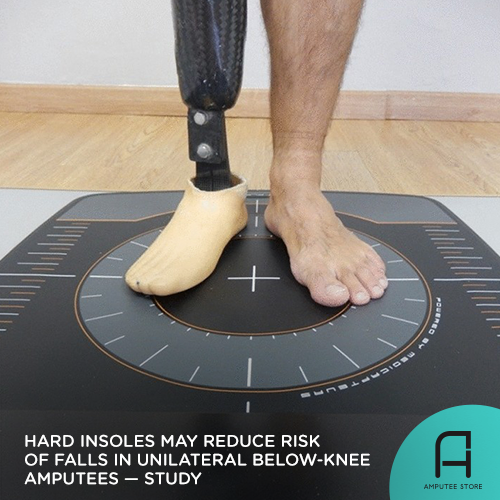 Researchers found that hard shoe insoles can reduce the risk of falls in unilateral below-knee amputees.