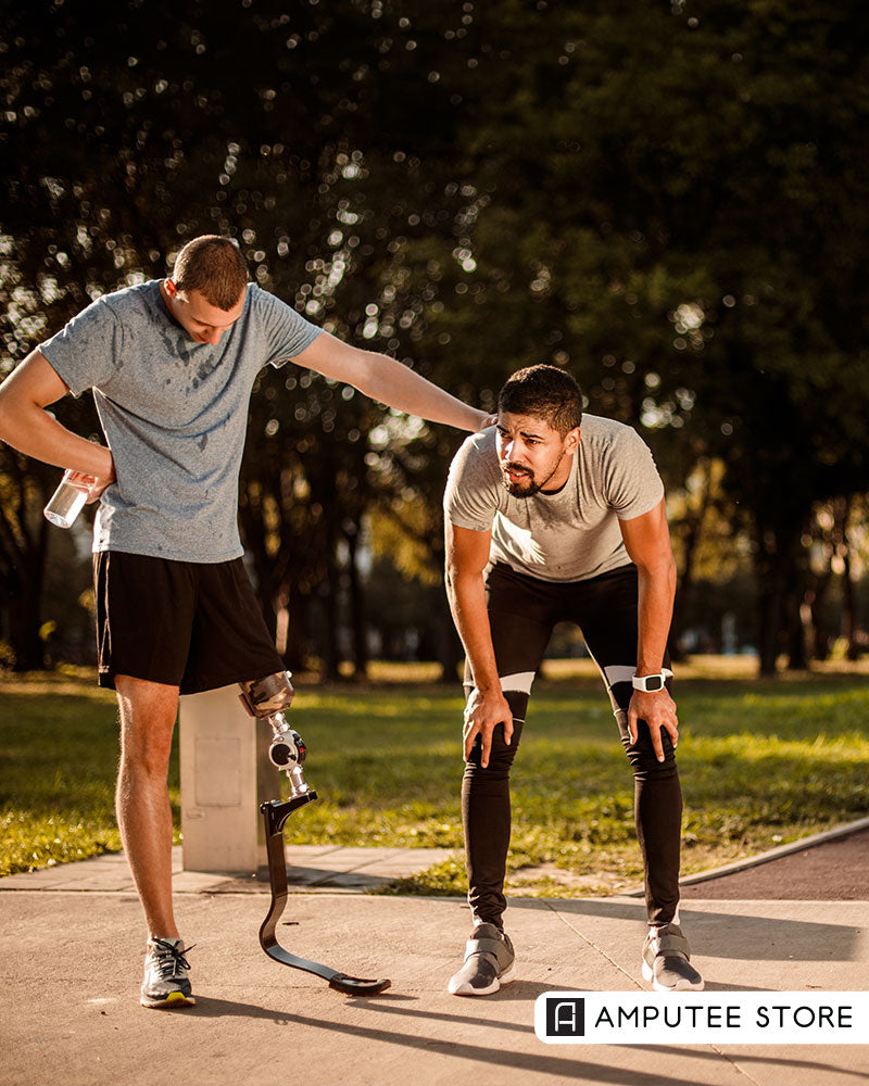 Active prosthesis user with a running blade resting after exercise, illustrating prosthetic antiperspirant tips, sweat management, residual limb care, socket comfort, and liner moisture control.