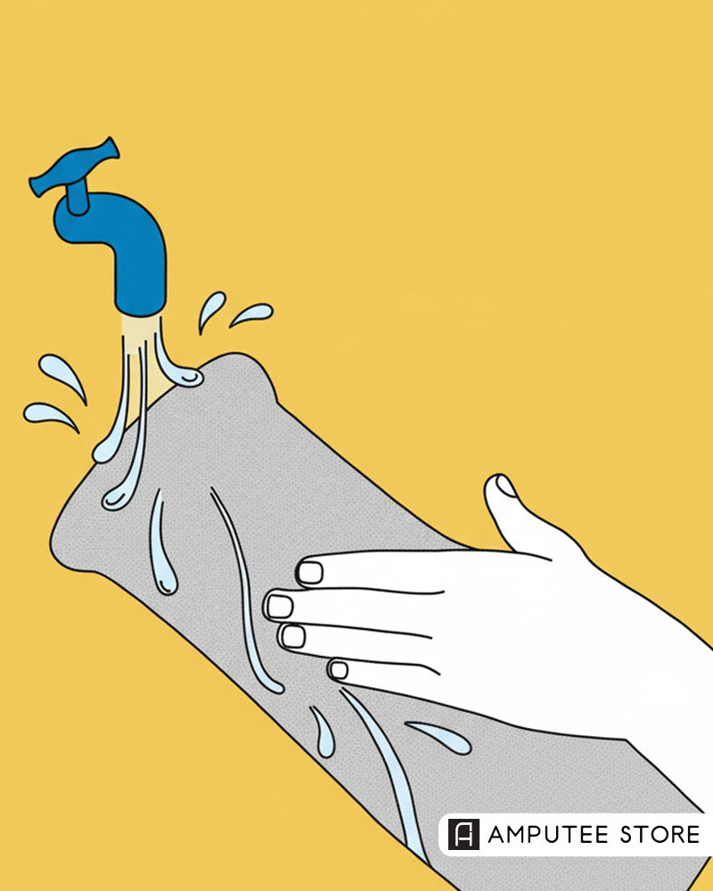 Illustration of washing a prosthetic liner under running water to maintain cleanliness, comfort, and proper grip.