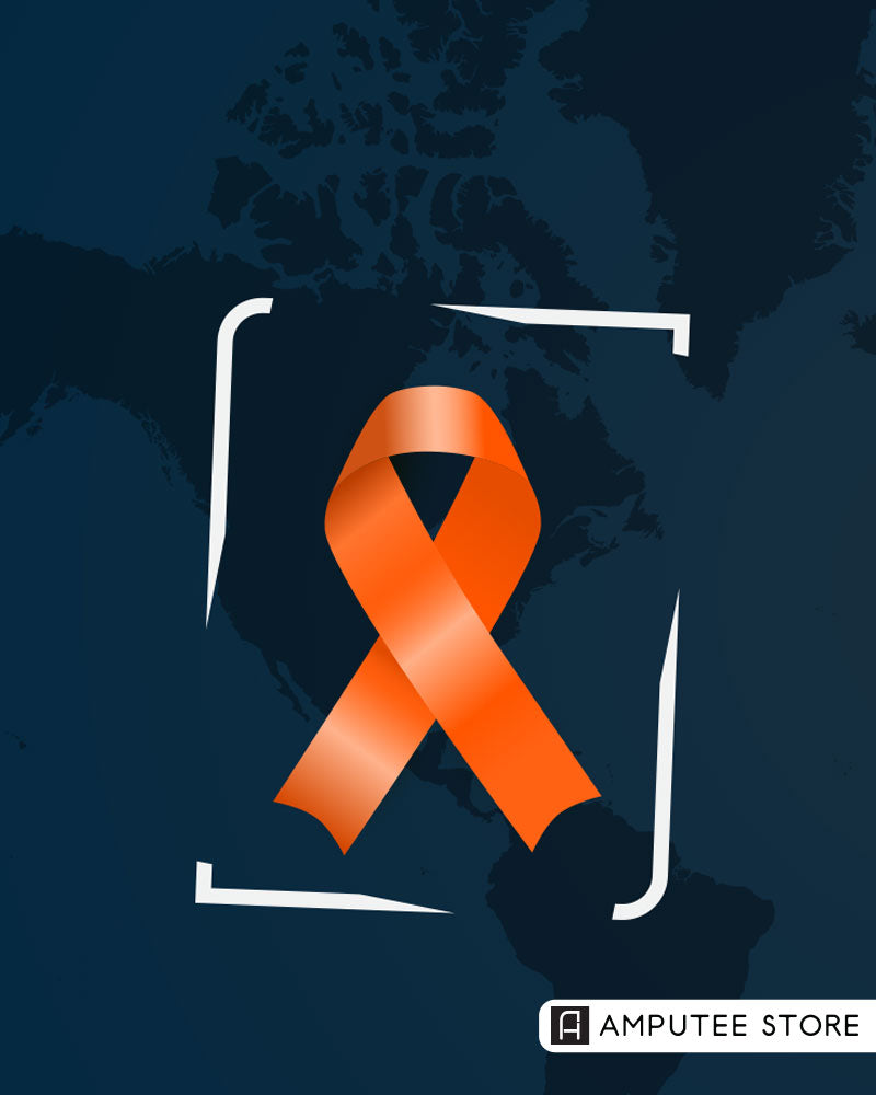 Limb Loss and Limb Difference Awareness Month 2026 orange ribbon graphic promoting ways to get involved and support the community.