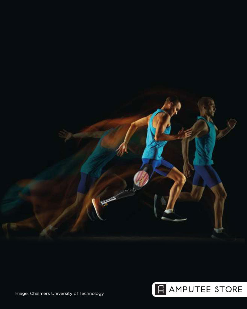 Athlete running with a prosthetic leg, illustrating nerve-reading prosthetic technology designed to improve sensation and natural movement.