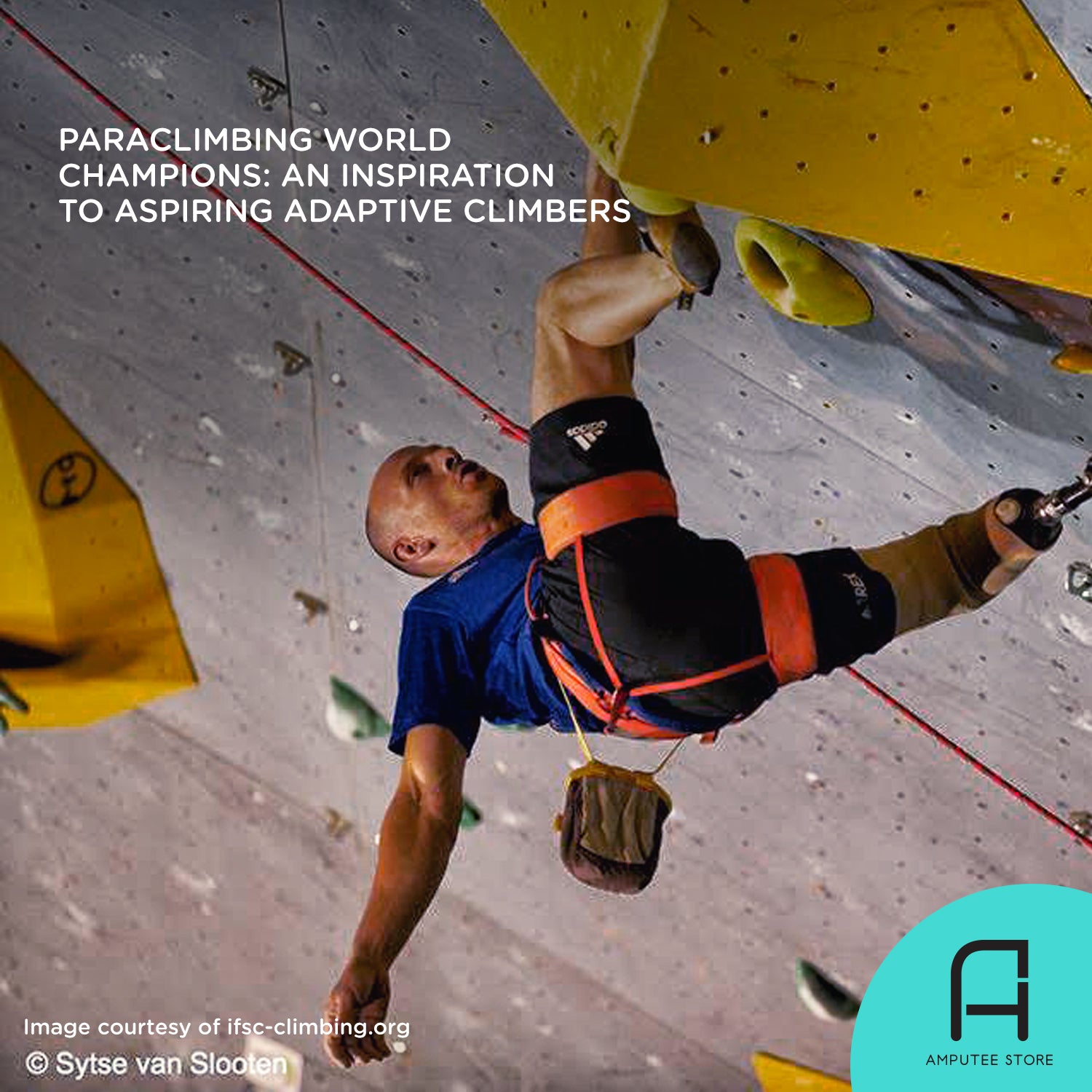 Thierry Delarue, an adaptive climber from France, scaling up a wall during the IFSC 2019 Paraclimbing World Championships.