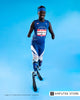 Quadruple amputee athlete Chase Merriweather poses on prosthetic running blades while pursuing Paralympic gold.