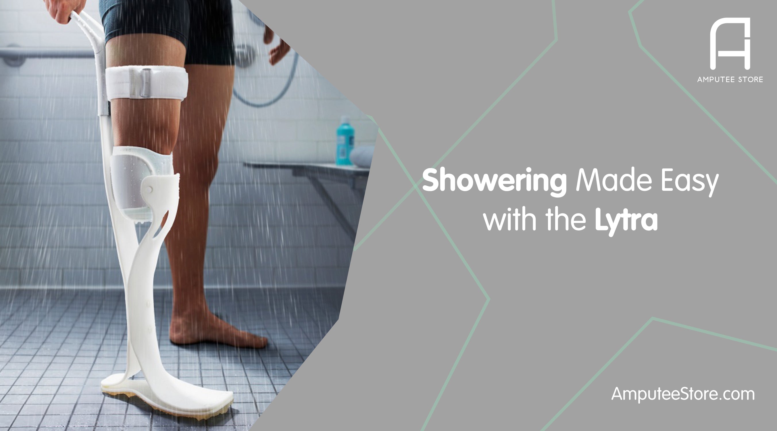 A below-the-knee amputee wearing the Lytra in the shower