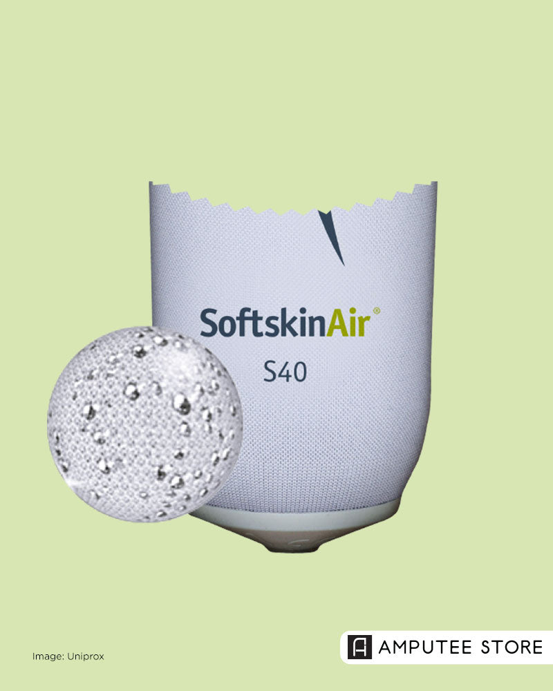 SoftskinAir S40 breathable silicone prosthetic liner with micropore close-up, highlighting sweat-draining design for improved comfort and skin protection.
