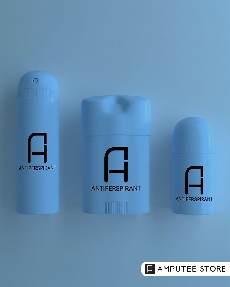 Photo of spray, stick, and roll-on antiperspirants, representing the differences between each format for residual limb comfort and prosthetic socket moisture management. 