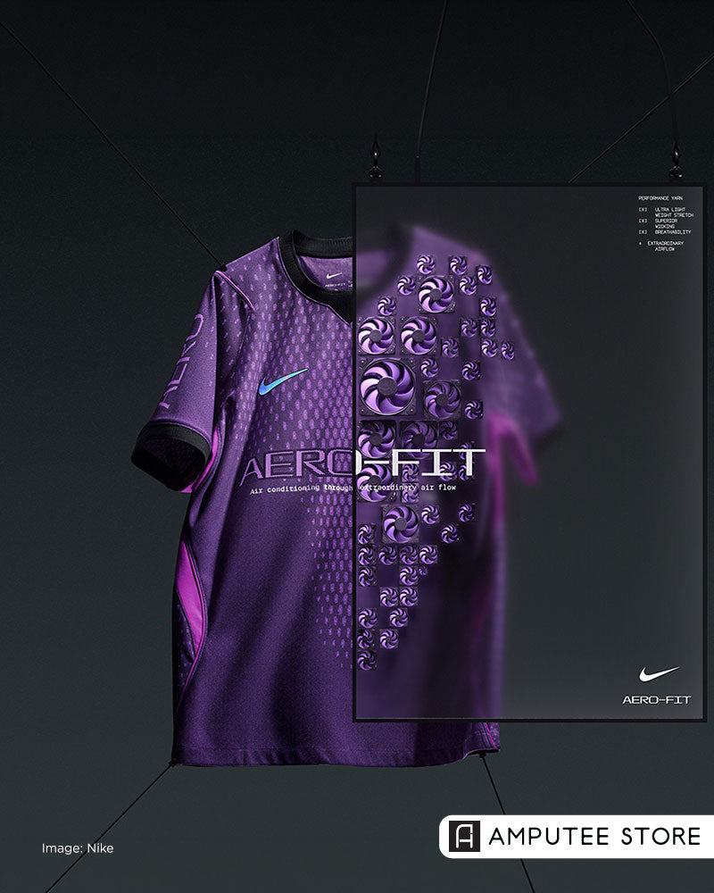 Nike Aero-FIT performance shirt with airflow graphic, illustrating breathable sportswear technology, heat management, moisture control, and cooling apparel for active prosthesis users.