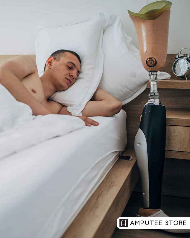 Amputee man sleeping beside his prosthetic leg — how quality sleep improves habit formation, recovery, and well-being.