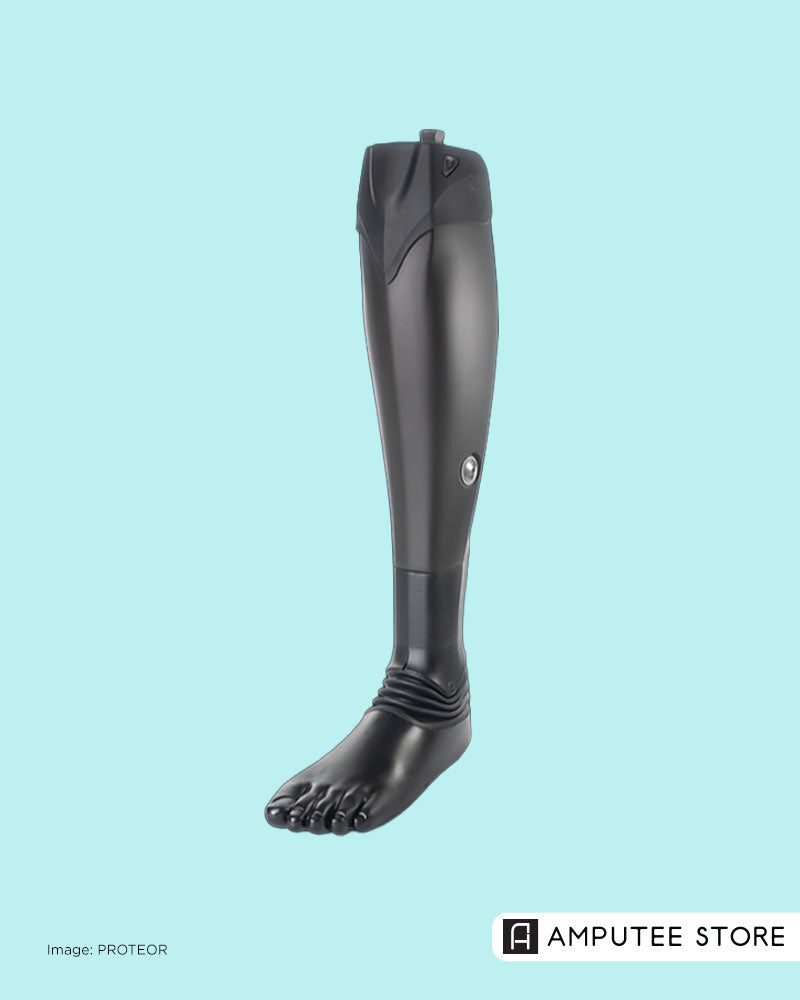 PROTEOR SYNSYS microprocessor full-leg prosthetic system with integrated knee, ankle, and foot, designed to support triple flexion and more adaptive movement on stairs, slopes, and uneven ground.