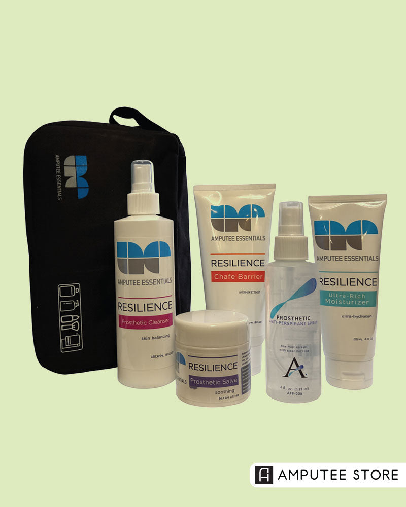 Amputee Store Core Skincare Regimen Kit featuring prosthetic cleanser, chafe cream, salve, moisturizer, and prosthetic antiperspirant for winter dry skin protection and prosthetic limb care. 