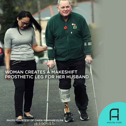 Atchari Watson creates a makeshift prosthetic leg for her husband.