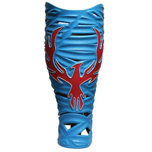 Prosthetic cover in blue and red with falcon on outside.
