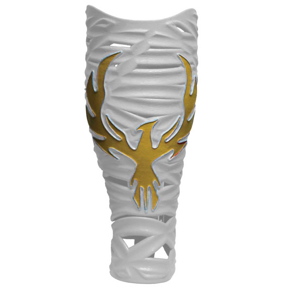 Prosthetic custom cover in white and gold with falcon on front.