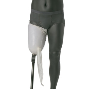 Knit-rite power pull nylon sock is pulled through the suction valve and draws your skin into prosthetic leg..