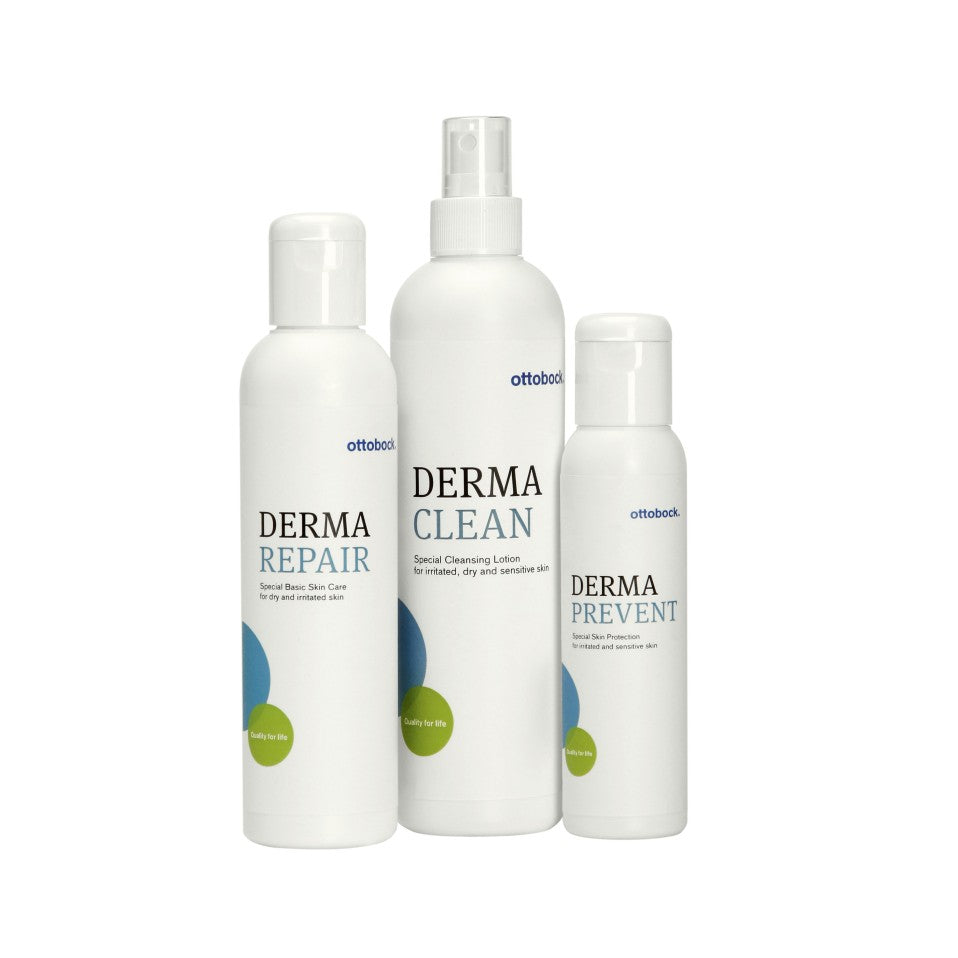 Ottobock derma skin care line with prevent, repair and clean.